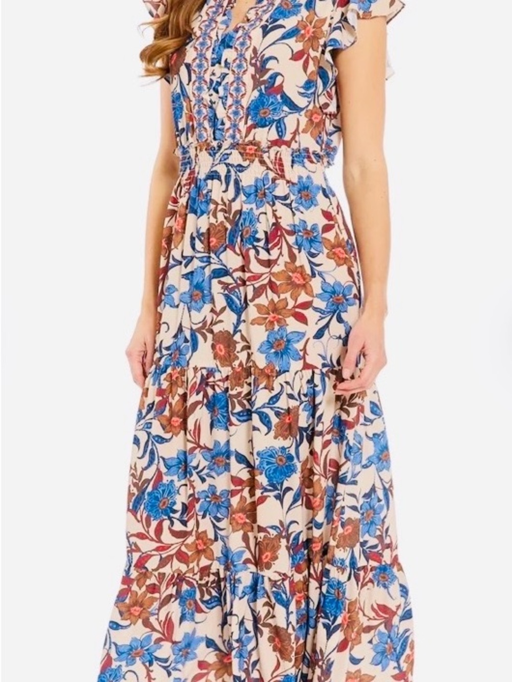 Maggy London Beige Maxi Dress with Blue and Brown Floral Print